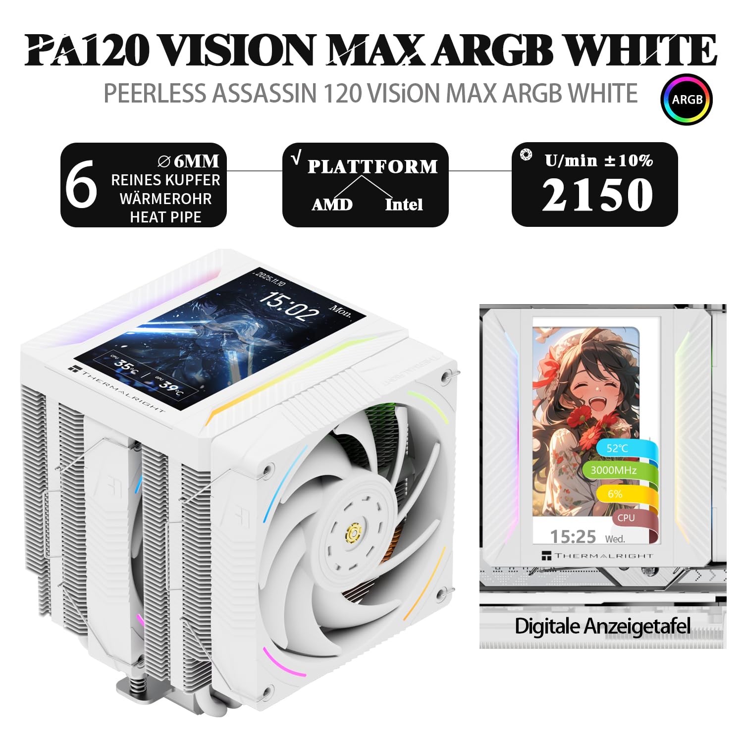 TR-Thermalright Peerless Assassin 120 Vision MAX ARGB White chłodnica procesora, konstrukcja Dual-Tower z 6 rurami cieplnymi i 5-calowym wyświetlaczem IPS, dwa wentylatory PWM 120 mm, do AM5/AM4 i