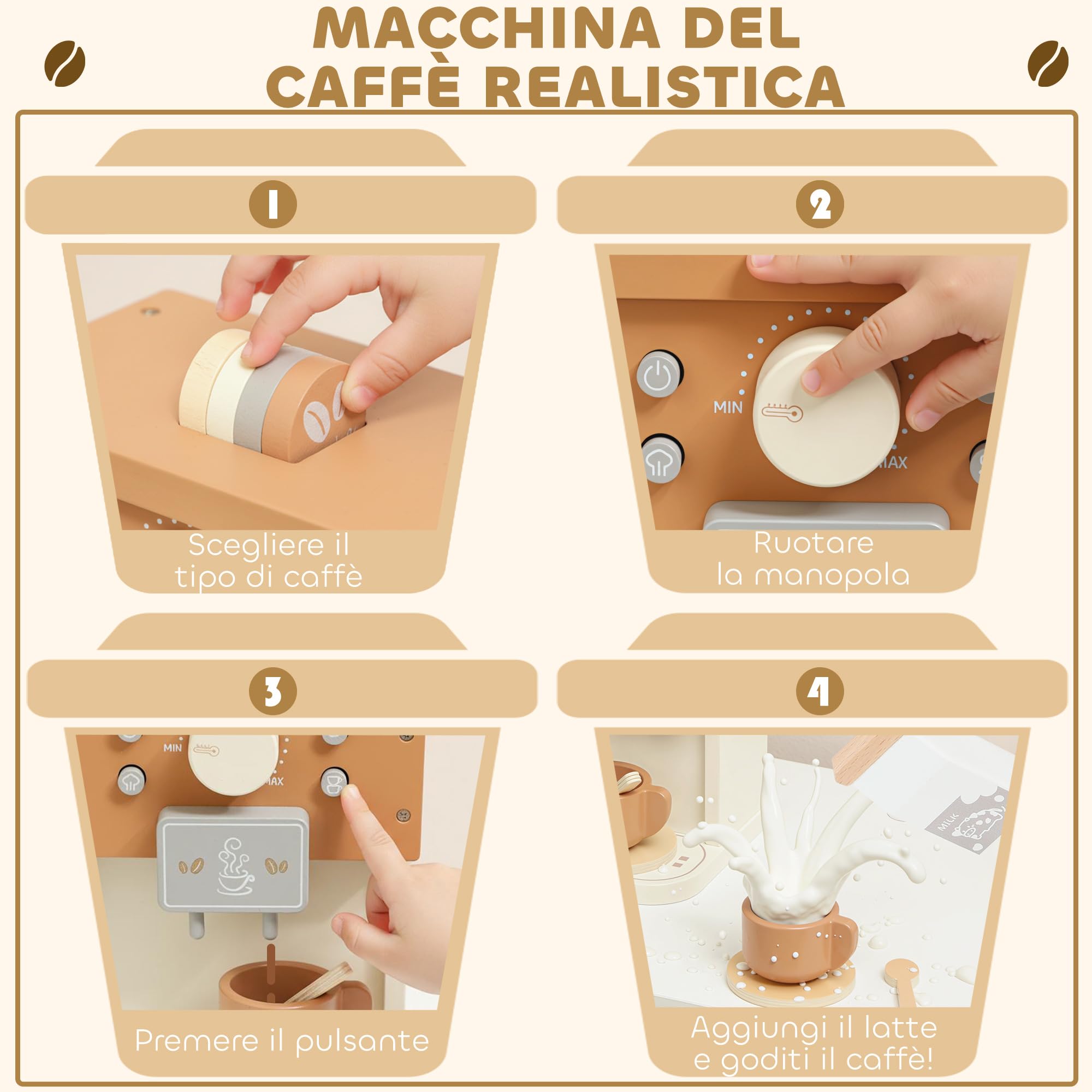 AIYAPLAY Set Macchina del Caffè Giocattolo in Legno, Gioco in Legno per Bambini da 3 Anni in Su con Pulsanti e Accessori, Marrone