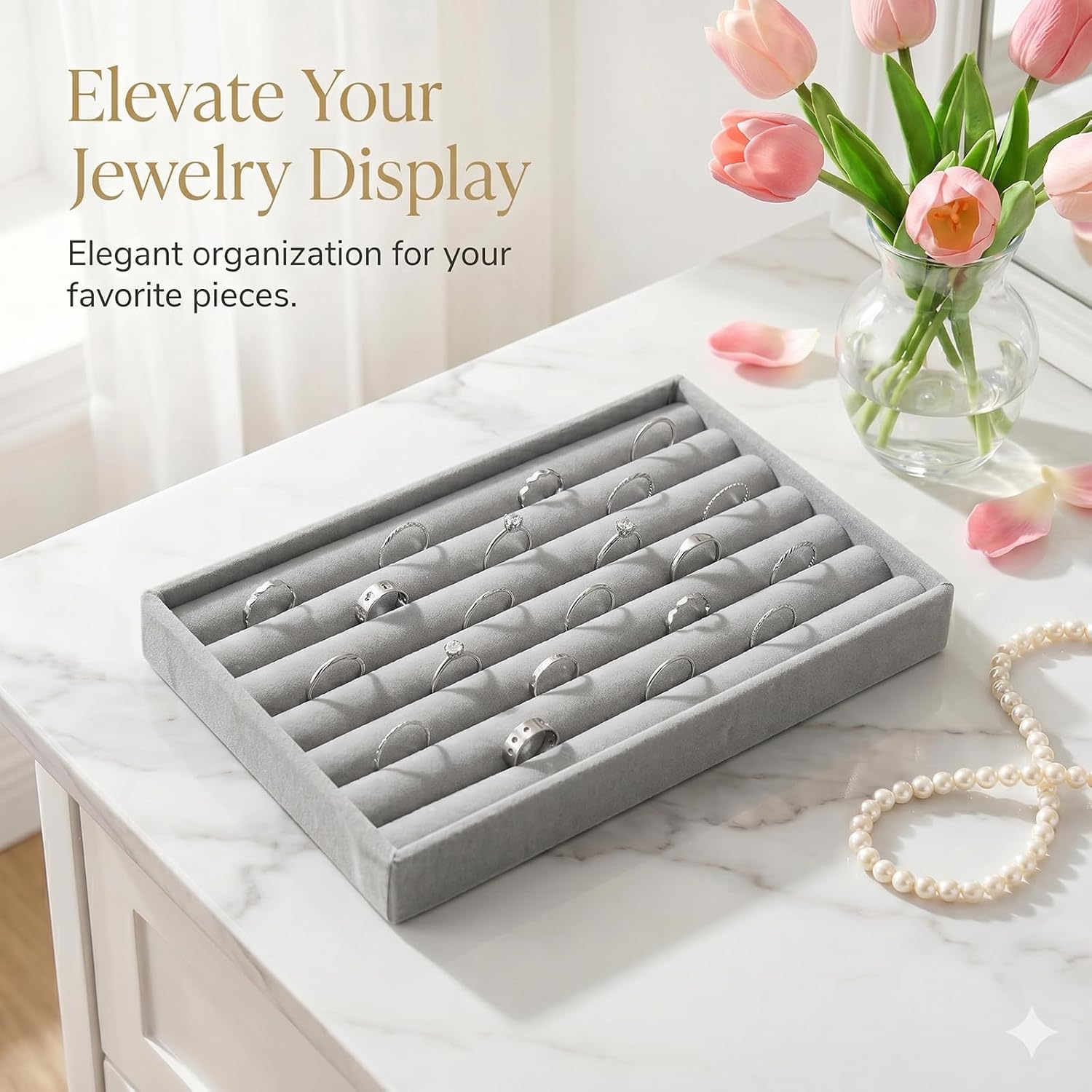 SynHHergyx Ring Display Tray 7 Slots Ring Display Case Earrings Showcase Organizer Rings Holder Tray Velvet Jewelry Drawer Organizer Inserts, Grey