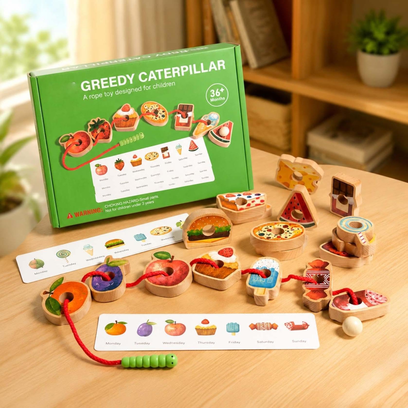 Viawispp Wooden Greedy Caterpillar Rope Toy,Educational String Beaded Toys