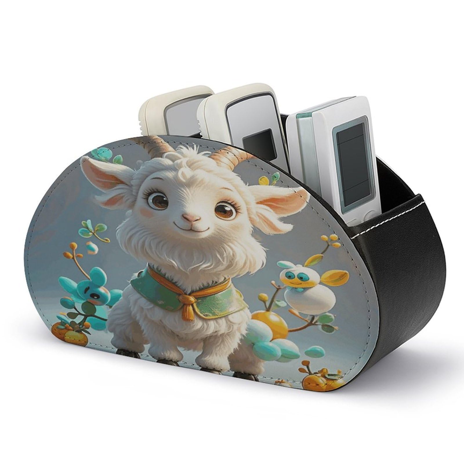 VstaDank - Goat Remote Control Holder PU Leather Multifunctional Office Organizer Brush Holder Desktop Storage with 5 Compartments Box