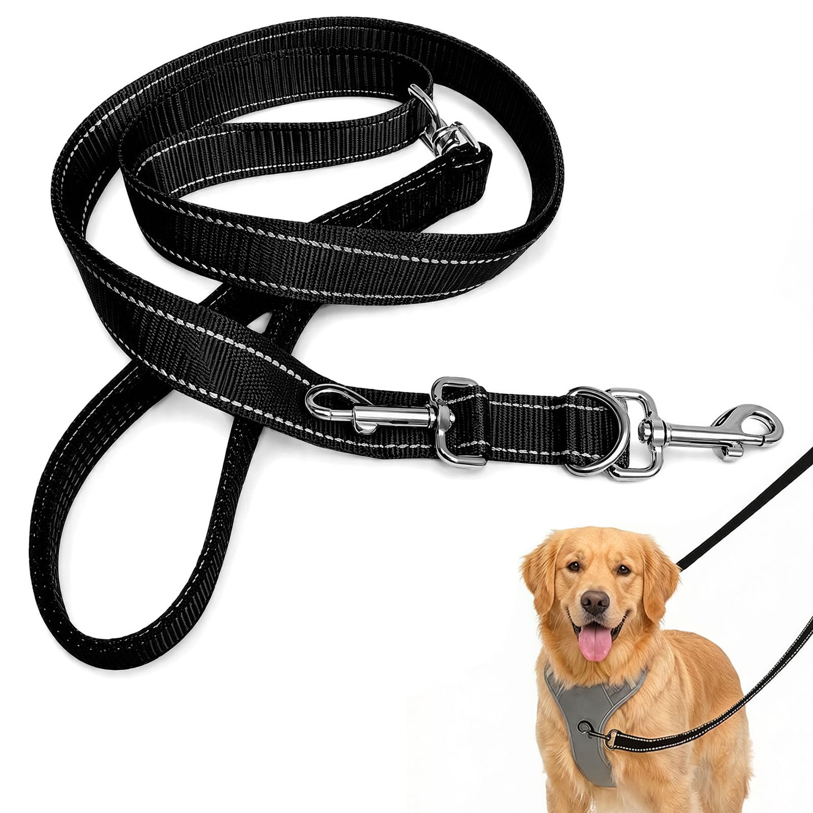 Msjuwek Double Ended Dog Lead No Pull Training Leash with Two Point Control, Heavy Duty Tangle Free Dual Clip Dog Leash for Medium Large Dogs, Reflective Adjustable Walking Lead
