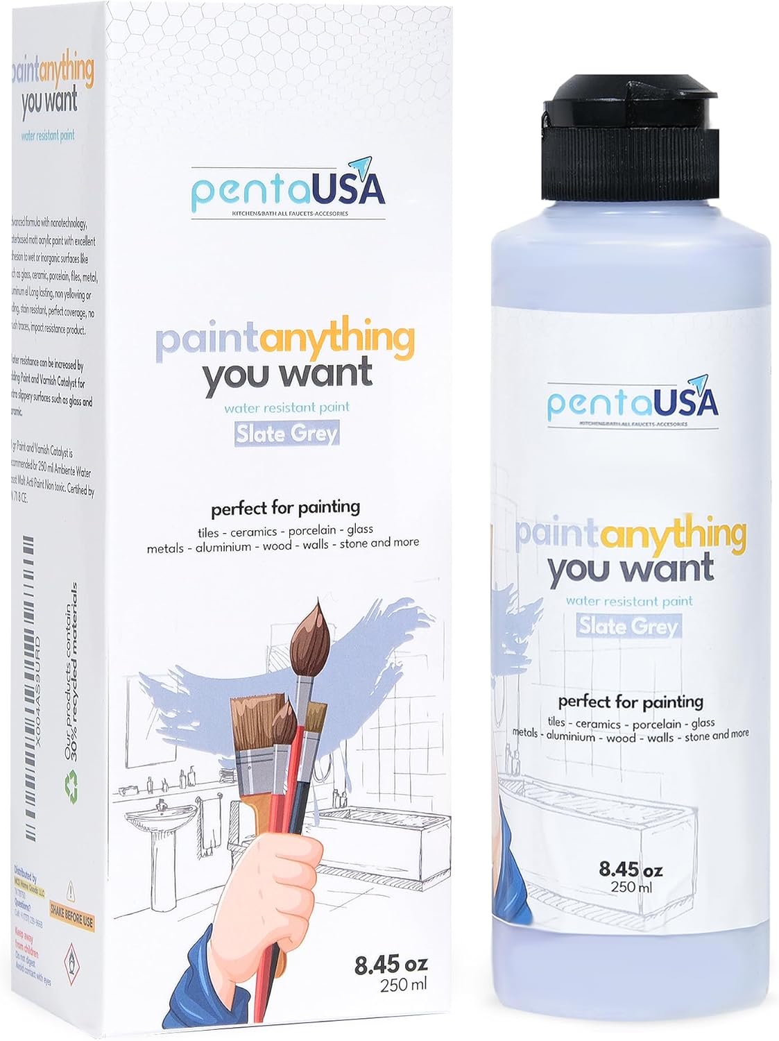 PENTAUSA All in One Paint - Slate Grey, Waterproof Paint for Bathroom, Tub, Tile, Sink, Kitchen Cabinets, Countertops, Wet Surface, 8.45oz