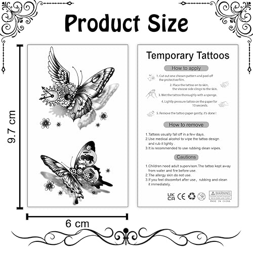 Miniatura 6 de Cerlaza 20 hojas de tatuajes temporales de mariposa negra para mujeres adultas, 120 estilos de mariposas pequeñas, tatuajes falsos impermeables, de