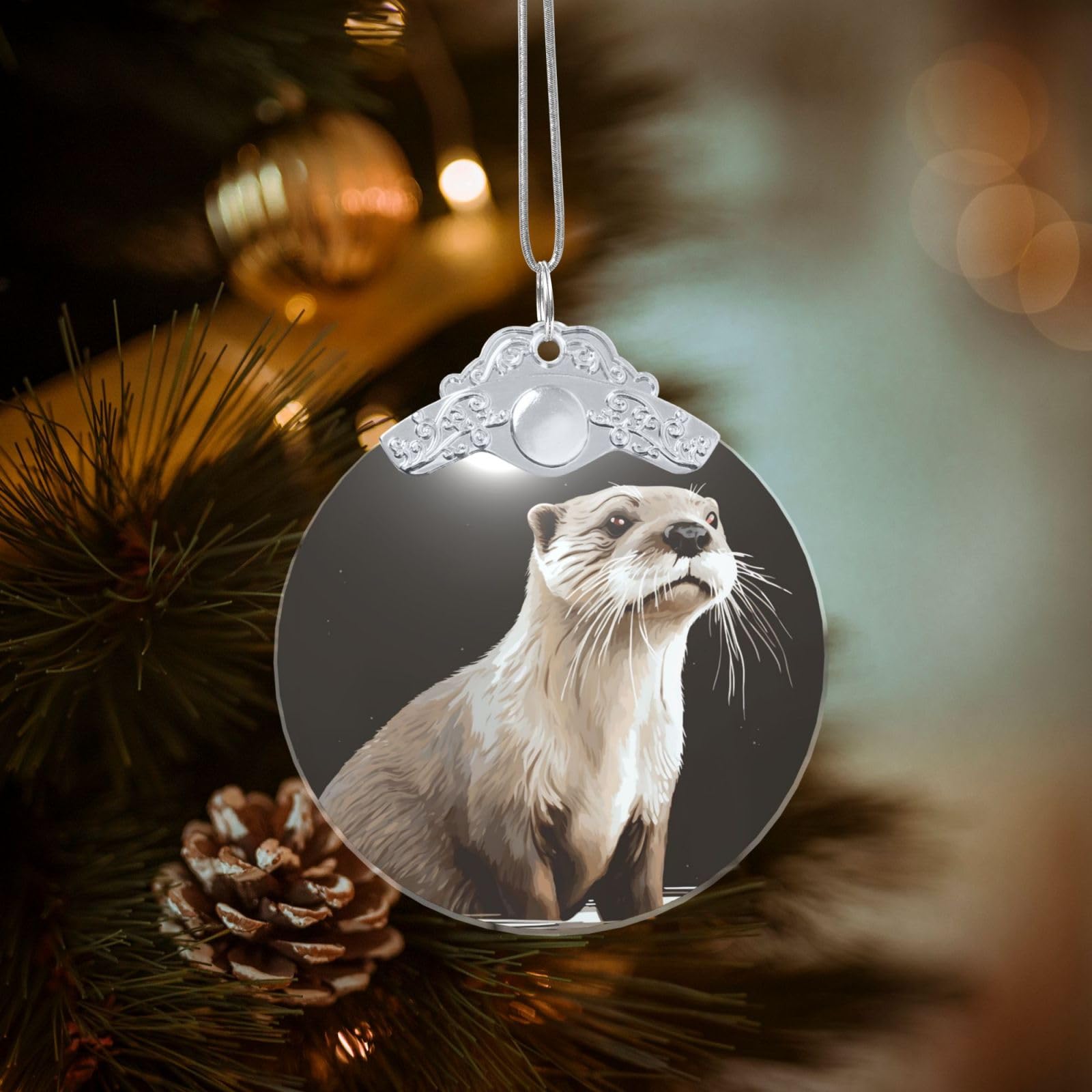 Crystal Christmas Ornaments for Christmas Tree Decoration Hanging Otter Ornament with Gold Ribbon Crafts Round Pendant for Keepsake Gifts Glass Xmas Decor Party Supplies