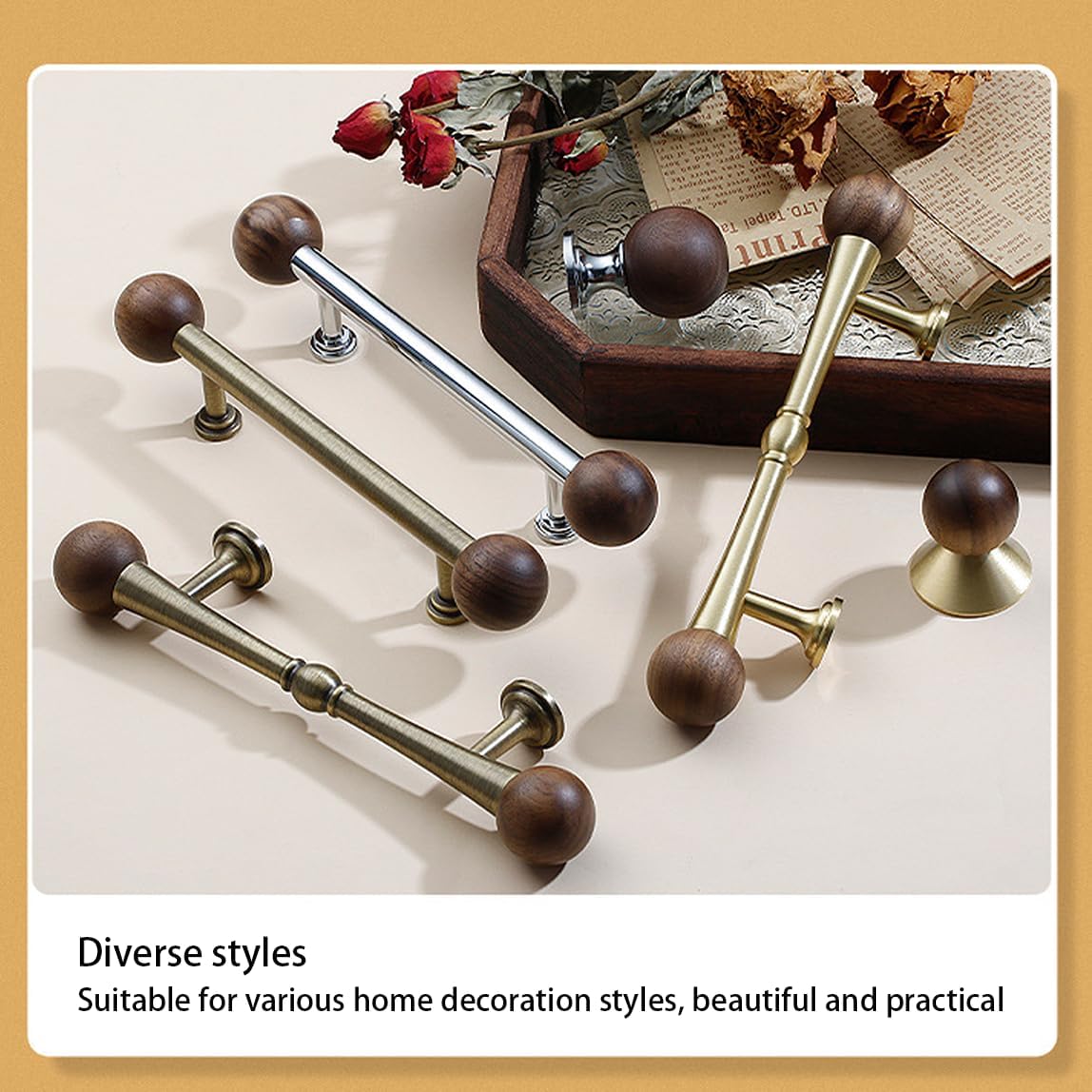 胡桃木ハンドル手拉手ハンドル柄柜门衣柜门ポンプ屉拉手中古风实心ハンドル铜本色带螺、4个装、推拉式拉手、适用キッチン橱柜门窗ポンプ屉推