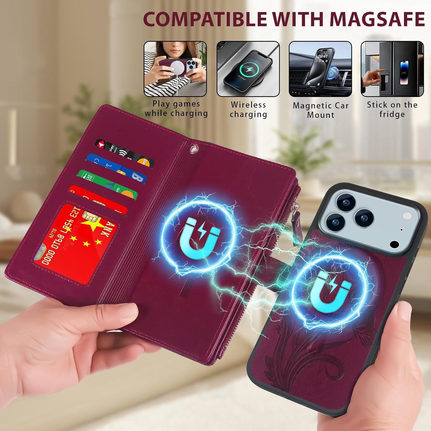 Lacass for iPhone 17 Pro Case Wallet,Compatible with MagSafe 2 in 1 Magnetic Detachable PU Leather RFID Blocking Wallet Cover Card Holder Zipper Wrist Strap Lanyard,Floral Wine Red