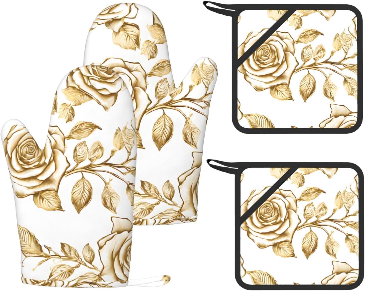 Many Golden Flowers 4pcs Oven Mitts and Pot Holders Sets for Kitchen, Silicone Oven Gloves Non-Slip Potholders Hot Pads for Baking Cooking