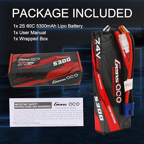 Miniatura 6 de Gens ace 2S Lipo Batería 7.4V 5300mAh 60C Lipo Batería Pack 24 # con EC3 Plug y Deans Adaptador para Coche RC