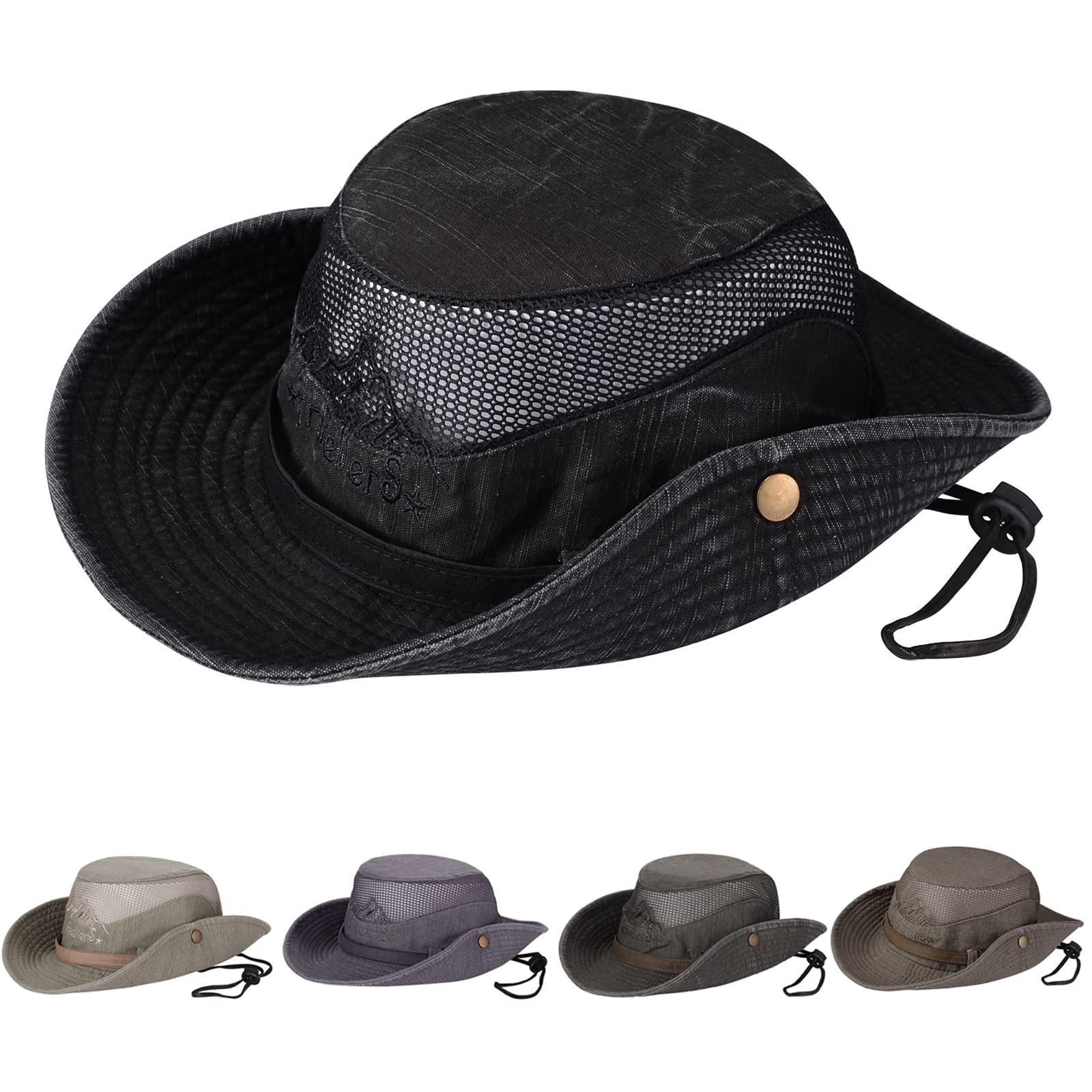 Obling Summer Bucket Hat with UV Protection - Foldable Beach, Safari, Fishing Hat with Breathable Mesh and Adjustable Chin Strap for Men and Women (Black)
