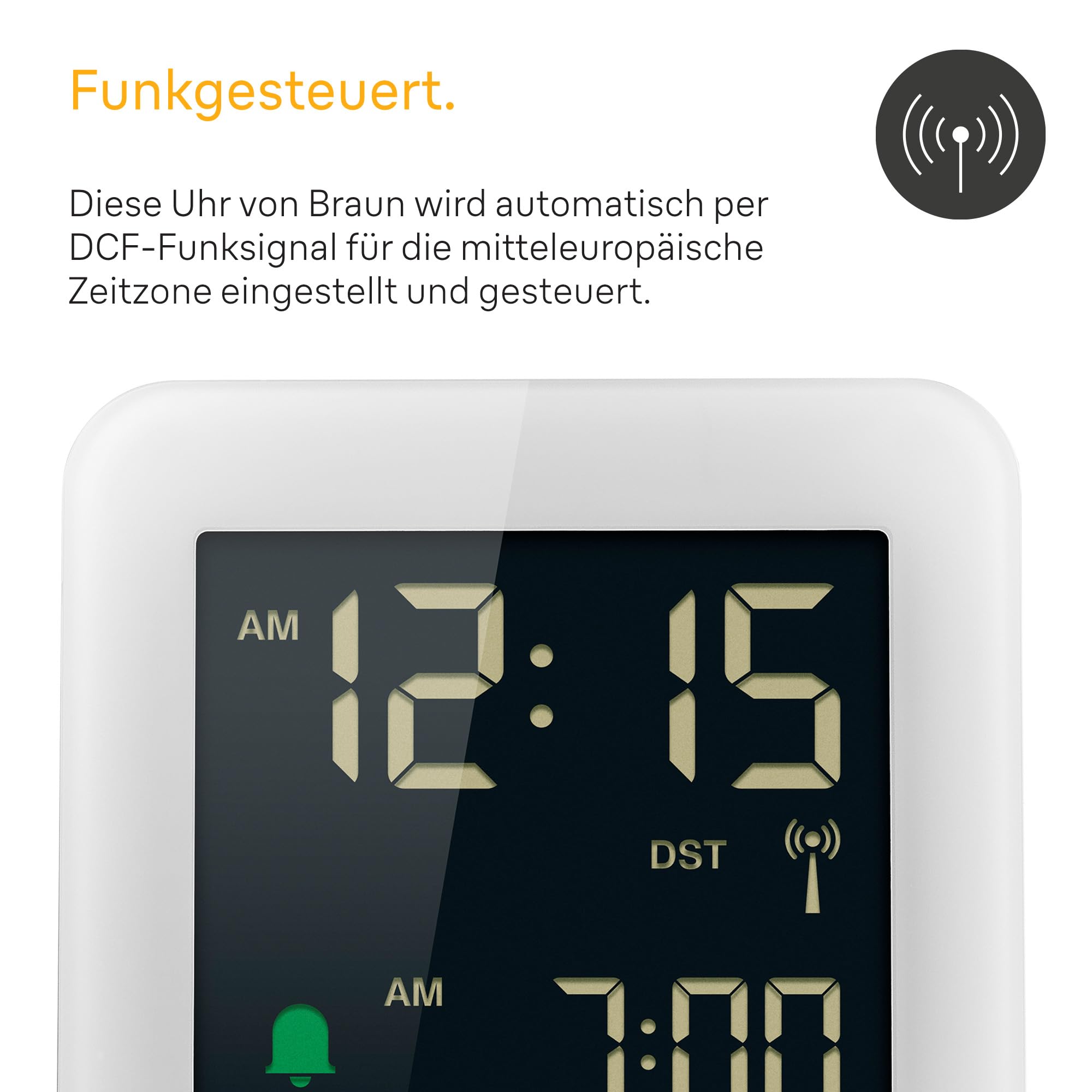 Braun Digitaler Funkwecker Mitteleuropäische Zeitzone (MEZ) mit Schlummerfunktion, Negatives LC-Display, Schnelleinstellfunktion, Crescendo-Alarm in Weiß, Modell BC09W-DCF.