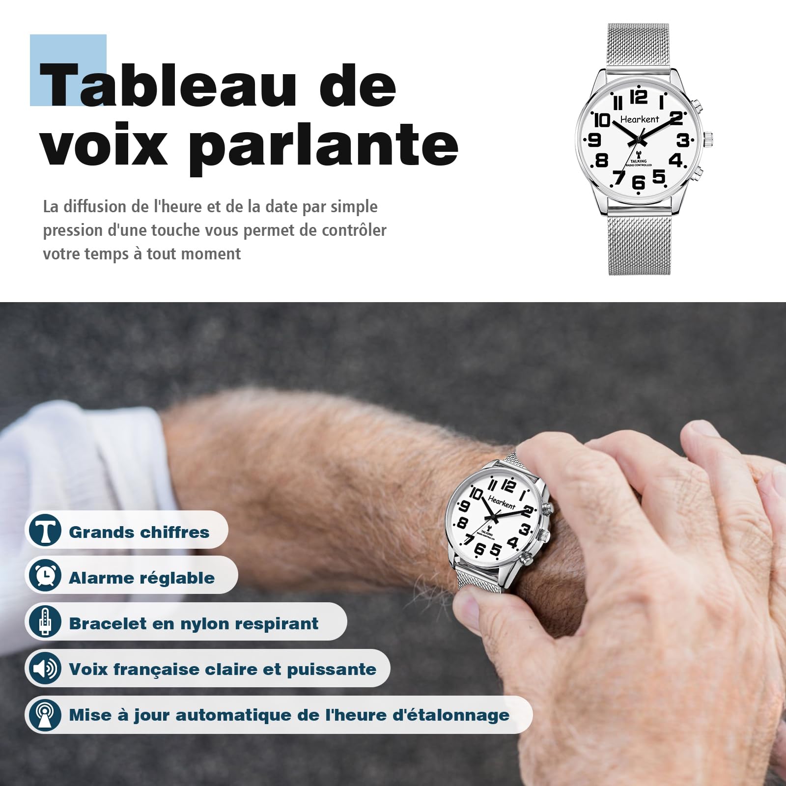 Hearkent Montre Parlante pour Malvoyant Homme, avec Voix Française | Grands Chiffres Clairs et lisibles, Voix Puissante, Durée l'étalonnage Automatique Réception Signal