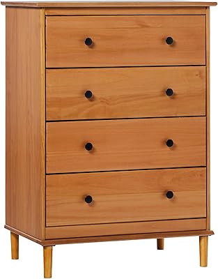 Walker Edison Modern Tall 4-Drawer Solid Wood Dresser Bedroom Storage Drawer Organizer Closet Hallway, 40 Inch, Caramel