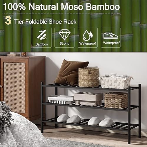 Miniatura 47 de Zapatero de bambú de 2 niveles para entrada, apilable, resistente, multifuncional, zapatero independiente para dormitorio, pasillo, armario Natural