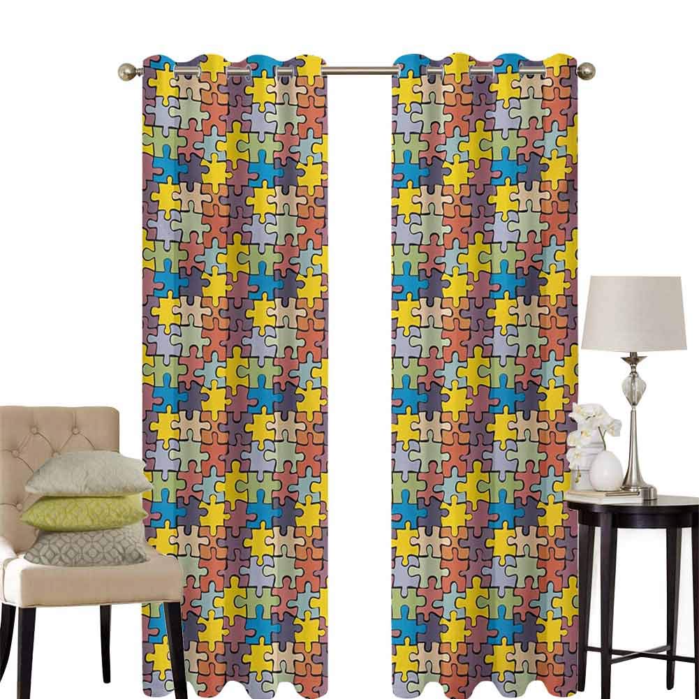 Bedroom Curtains Blackout Drapery Panels, Puzzle Pattern Rainbow Colors Illustration of Geometric Elements Abstract Pieces, Blackout Window Curtains/Drapes, (2 Panels W42 x L84), Multicolor