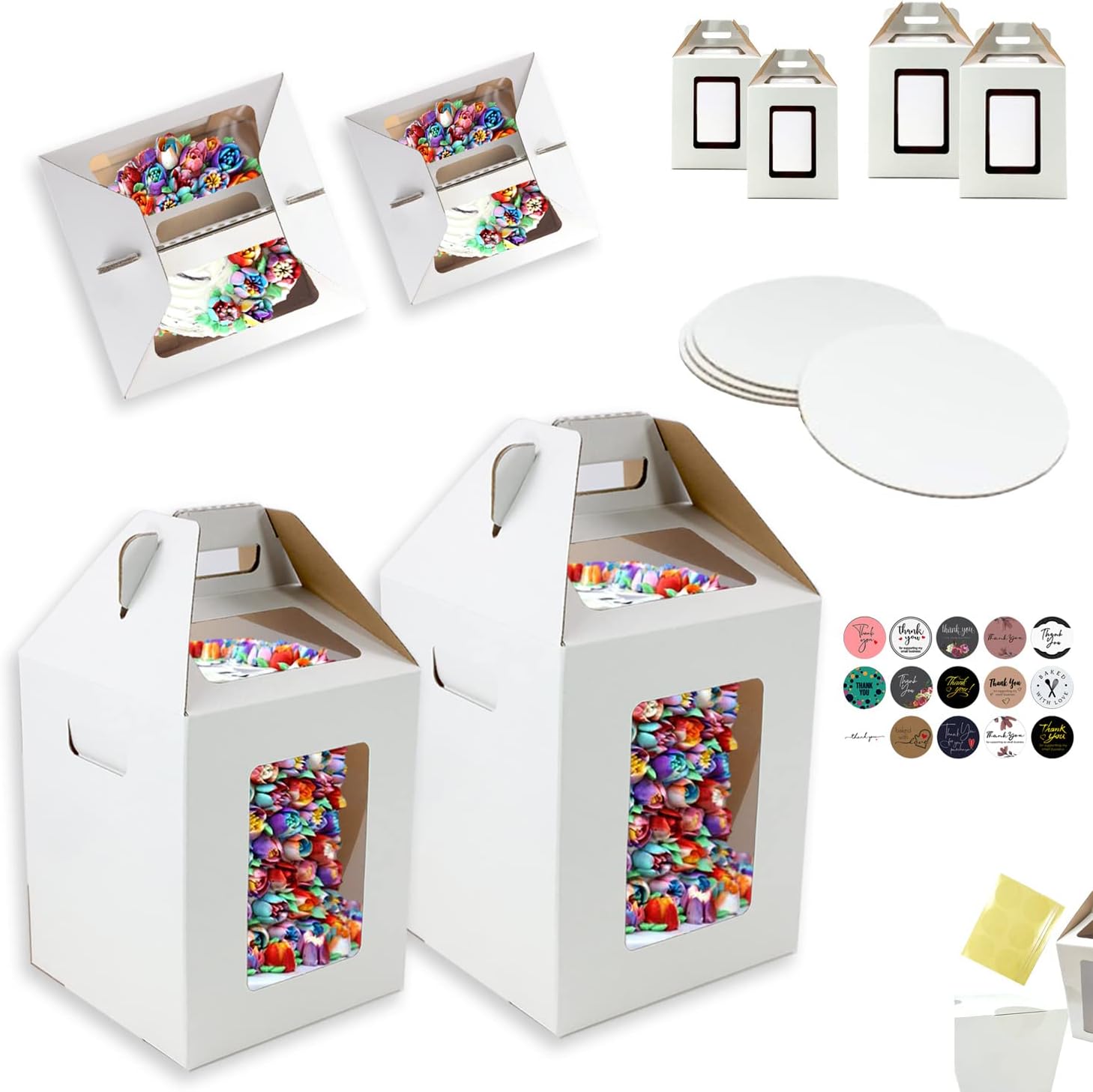 4 Pack Tri-Handle Tall Cake Boxes With Windows In 2 Sizes 14x14x16 & 16x16x18 + 4 Cake Boards 14" & 16", Bakery Caddy Carrier Container With Handle Ideal for 16" & 18" Tiered Cakes