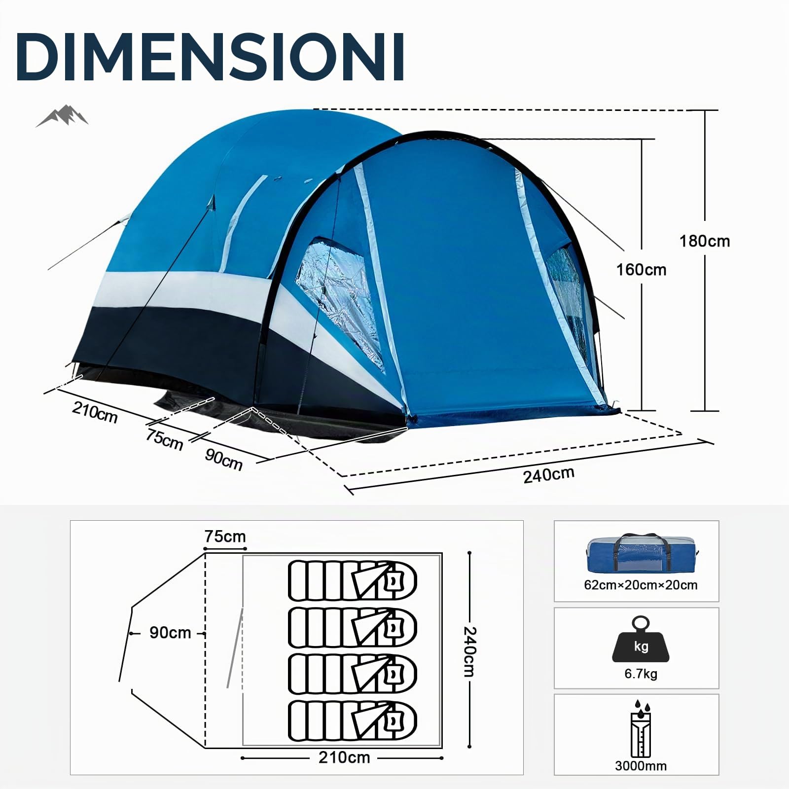 Portal Tenda a cupola per 2 e 4 persone, con vestibolo, 3 – 4 stagioni, dimensioni ridotte, 3000 mm, impermeabile, per attività all'aperto, festival, zaino trekking