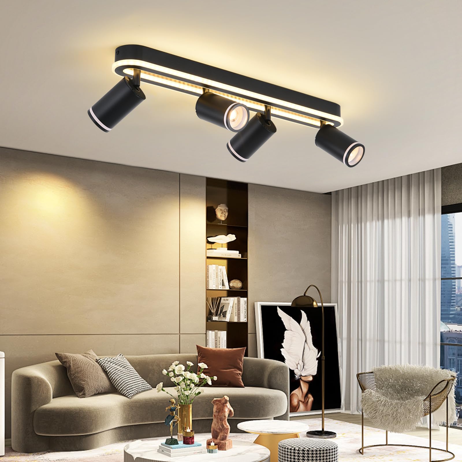 SANSHI Faretti da Soffitto Orientabili Interno LED 4 Luce,Faretti da Parete con Inferiore 36W+4x5W,GU10 Lampadario Faretti,Moderna Plafoniera Faretti Bianco Caldo 3000K per Cameretta Cucina Barra,Nero