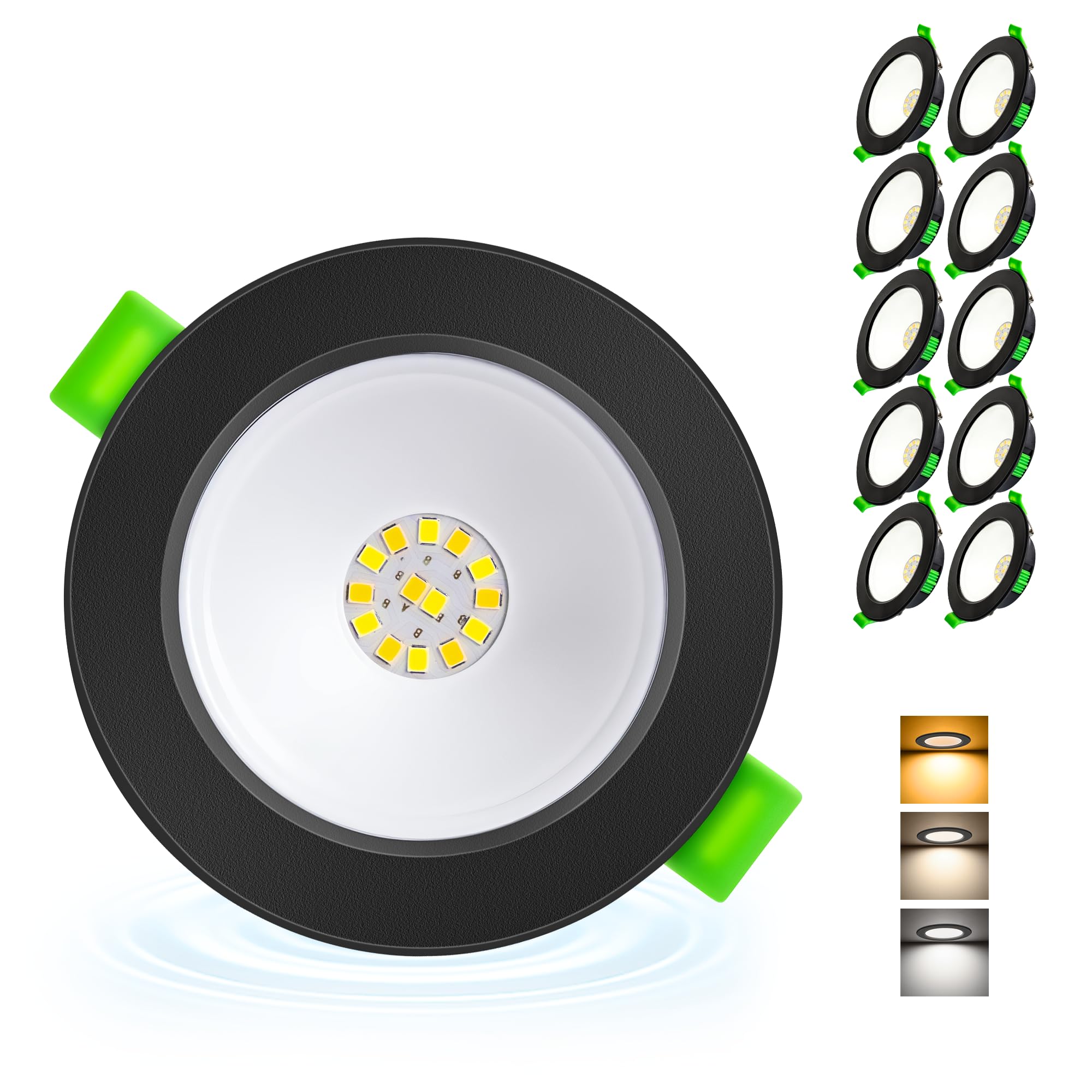 LED Einbaustrahler 230V Flach, 68-80mm Lochmaß 5W LED Spots, 2700K/4000K/6000K Einbauleuchten Einbauspots, IP44 Spots Deckenleuchte für Bad, Deckenspots Schwarz 10er Set (Nicht Dimmbar)