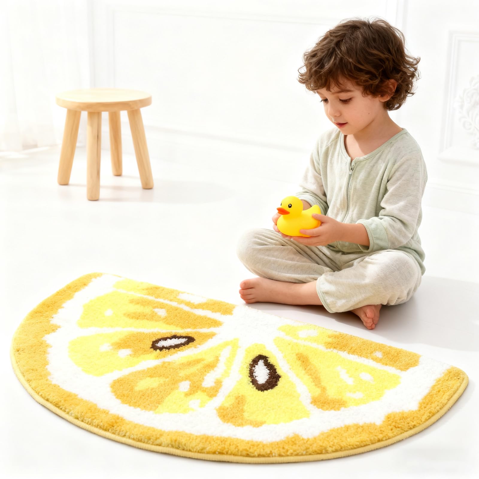 Zitronen Motiv Badematte Anti-Rutsch, Weicher Badezimmer Teppich aus Samt, Saugstark & Waschbar Gelb 45 x 80 cm