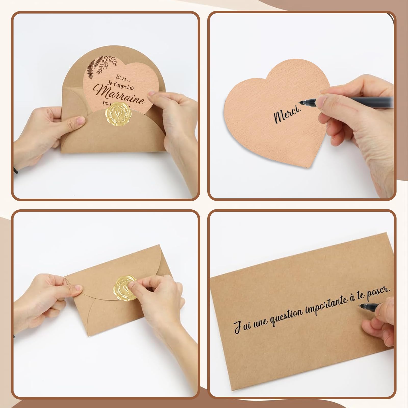Cœurs Gravés Parrain Demande Marraine Baptême Naissance Lot 4 Pièces 10x9 cm Enveloppes Kraft Cadeau Bébé Famille