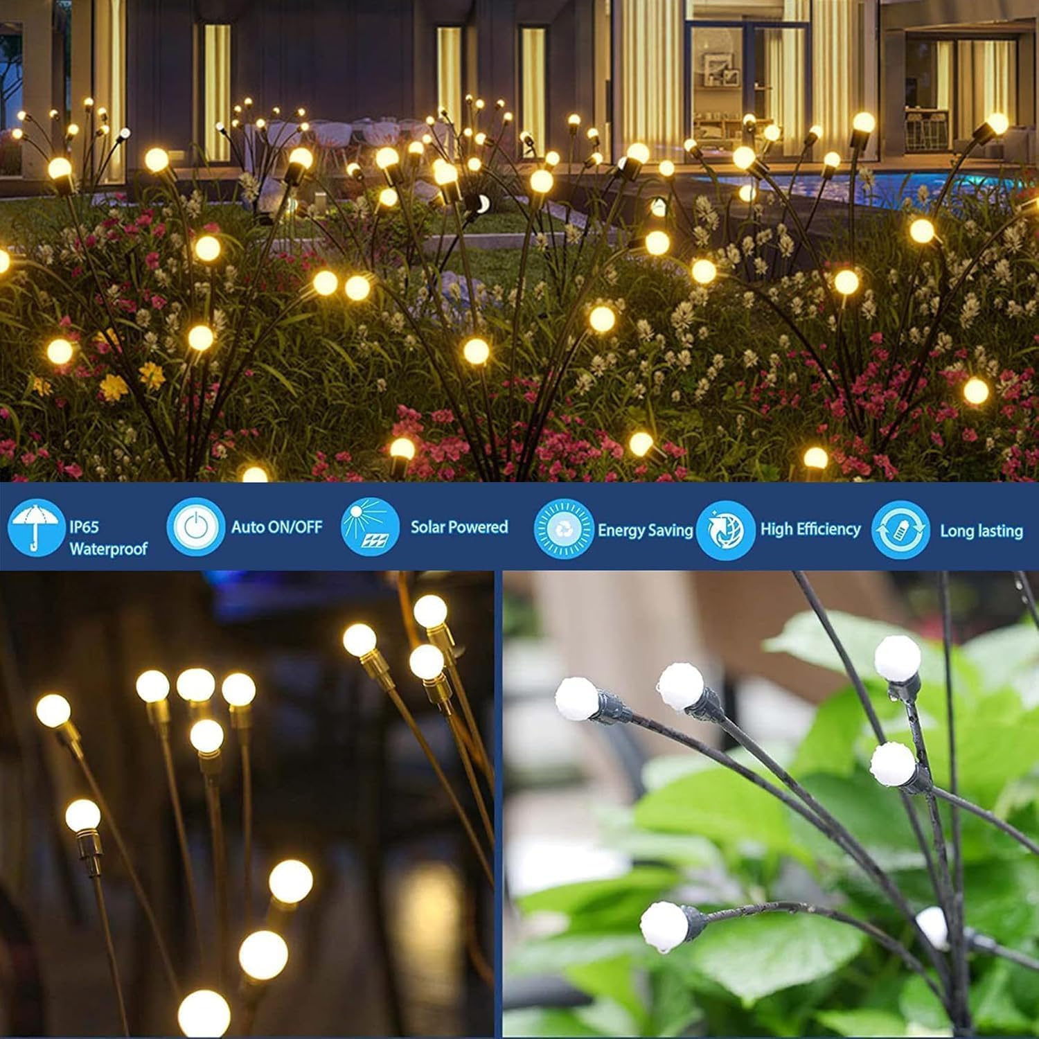 Luces Solares Luciérnaga Exterior Jardín, 4 Piezas 10 LED Lámparas Solares Oscilantes con el Viento, Luces Solares Impermeables IP65 Decoración para Patio, Césped, Balcón (Blanco Cálido)