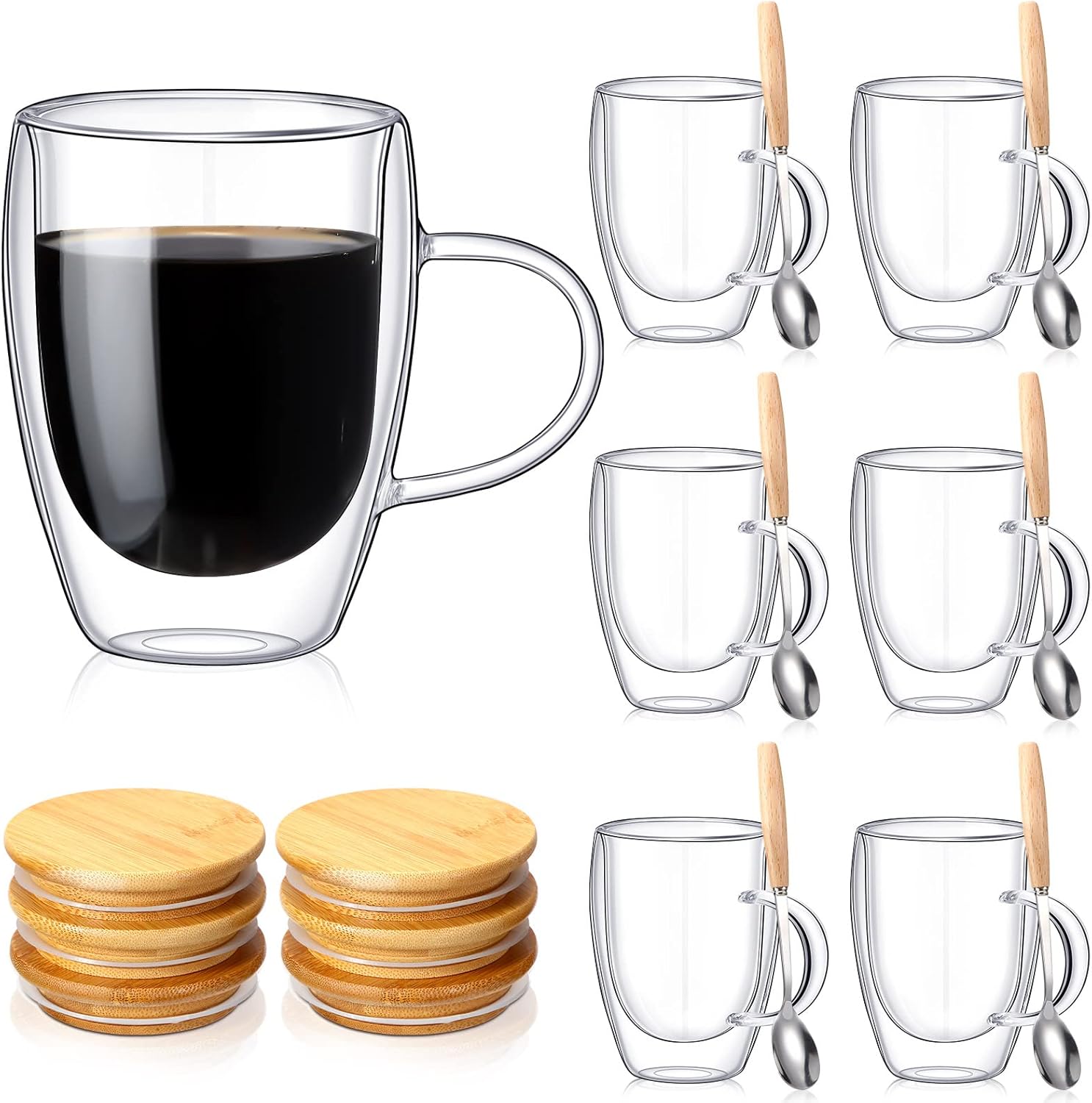 6 Set Glass Coffee Mugs with Bamboo Lid Spoons Double