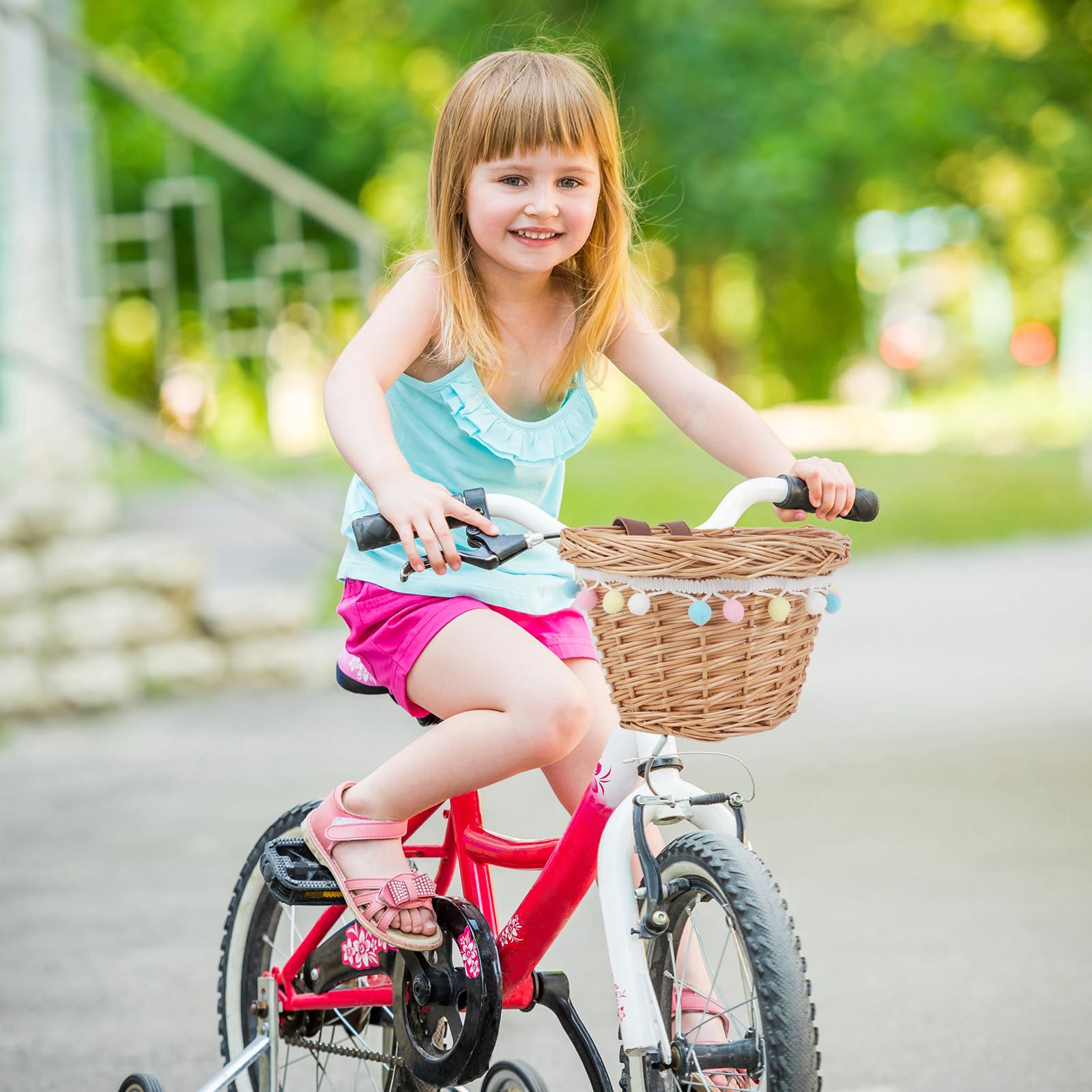 Cestino Bici Bambino, Tessuto a Mano Bambini Cestino in Vimini per Bicicletta, Cestino Bicicletta Anteriore con Cinghie in Pelle E Pompon Colorati per Bambini, 9,8 X 7,5 X 6,7 Pollici