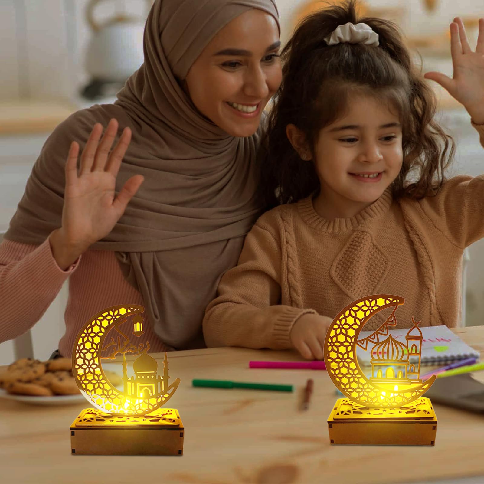 Qunkun Houten lampen met ramadan-decoratie, 3 stuks ramadan-lamp, led, hout, decoratieve ramadan-lamp, doe-het-zelf Eid Mubarak feeënlicht, tafeldecoratie, maan, ster, nachtverlichting, geschenken