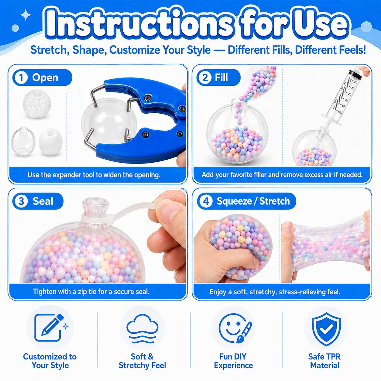 FOOGWEE Kit de recharge de balles anti-stress vides, 30 pièces de 6 cm avec outil d'extension, seringue de retrait d'air et 40 attaches zippées, transparentes, blanc laiteux et texturées