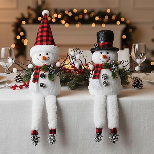 Miniatura 2 de Paquete de 2 decoraciones de mesa de Navidad, muñecos de nieve de felpa iluminados de 18 pulgadas con ramitas de cono de pino, regalo navideño de
