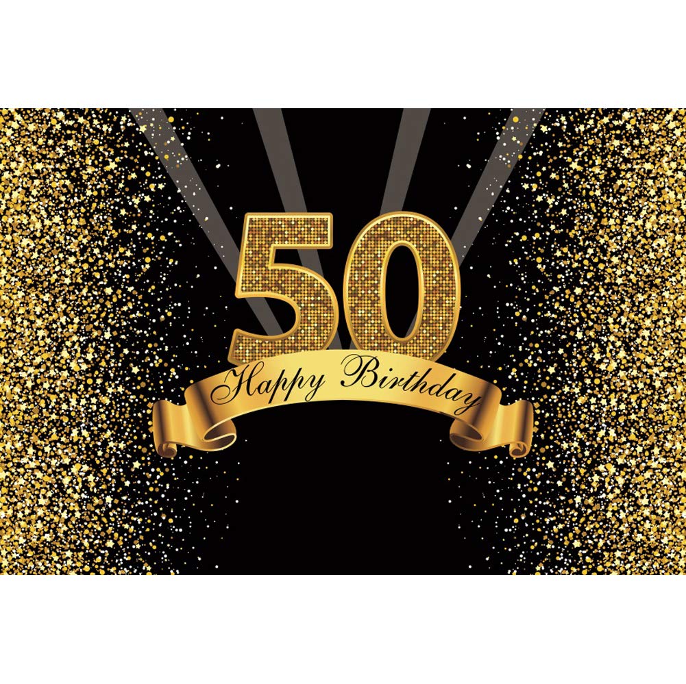 Yeele 7x5ft 50Th Birthday Backdrop for Photography Glitter Gold and Black Background Happy Birthday Party Decoration Banner Celebration Adult Photo Booth Shoot Vinyl Studio Props