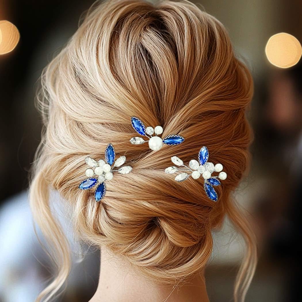Heread Blue Crystal Bride Wedding Hair Pins Silver Pearl Bridal Hair Pieces Hair Accessories for Women and Girls(Pack of 3) - Image 5