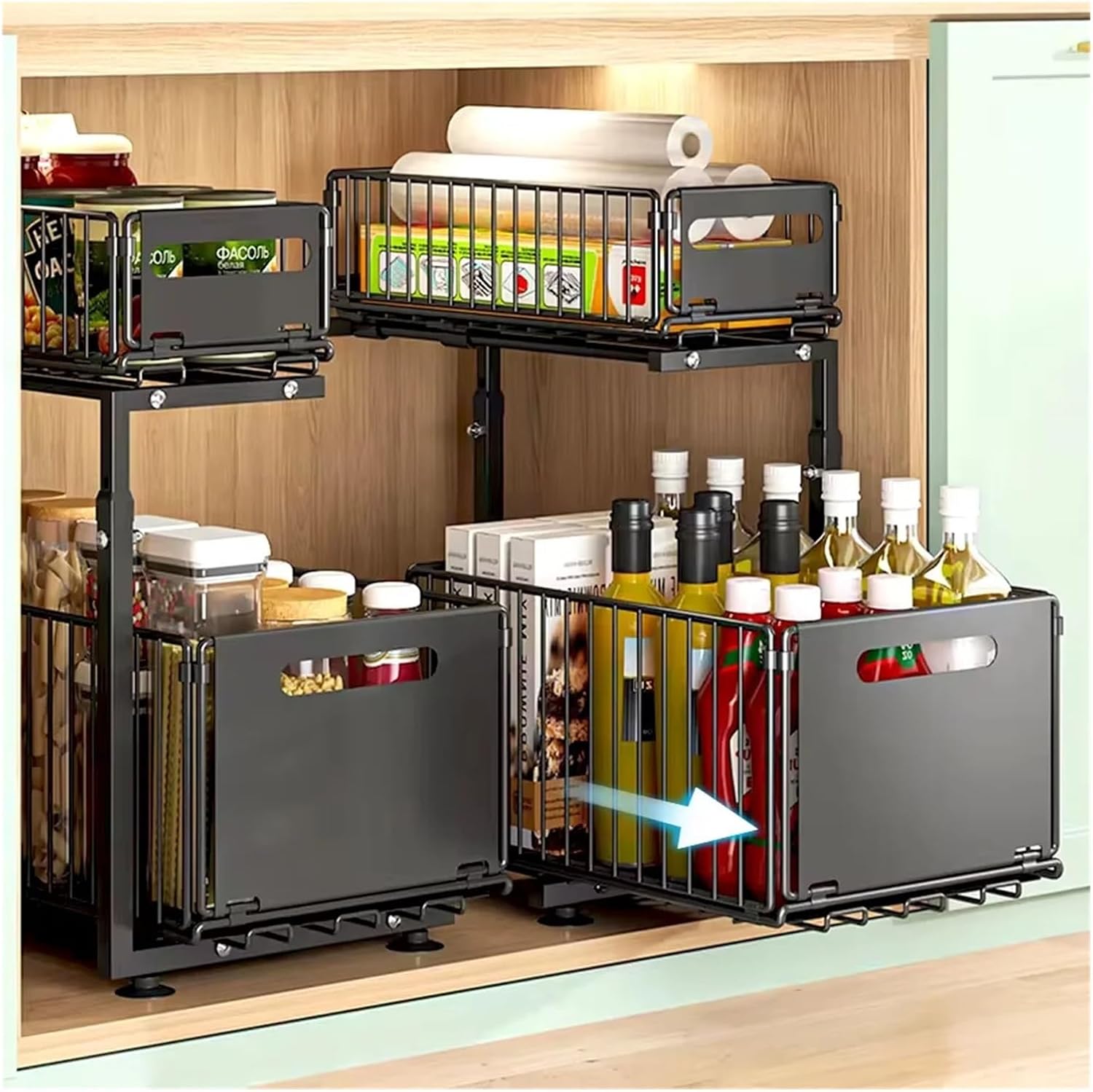2 Tier Pull Out Cabinet Organizer Adjustable Kitchen Storage Rack Under Sink Spice Jar Slide Drawer
