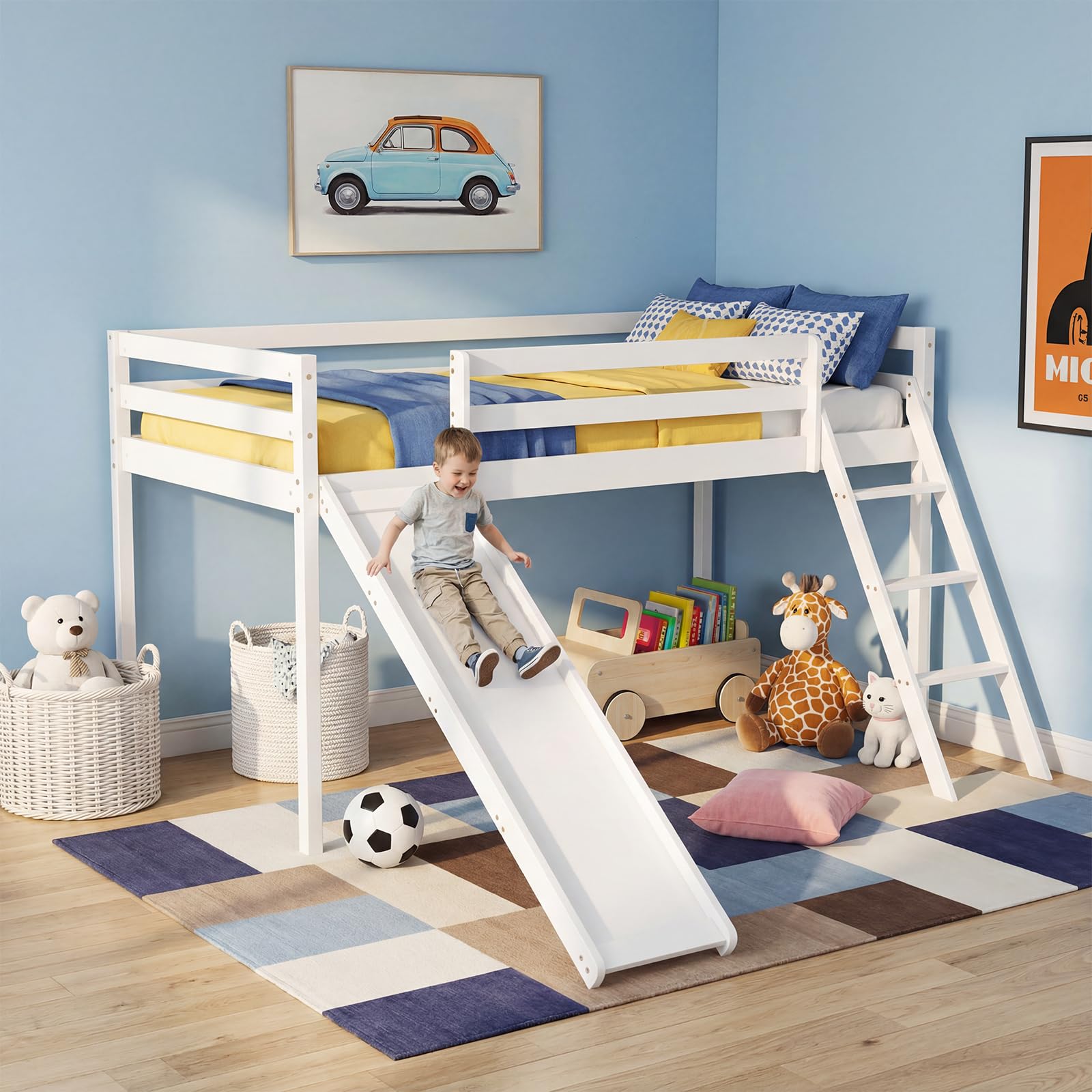 Panana Mid Sleeper with Slide,Solid Wooden Single Loft Bed Frame 3FT Cabin Bed,Space Saving (White, Stair+Slide Style)