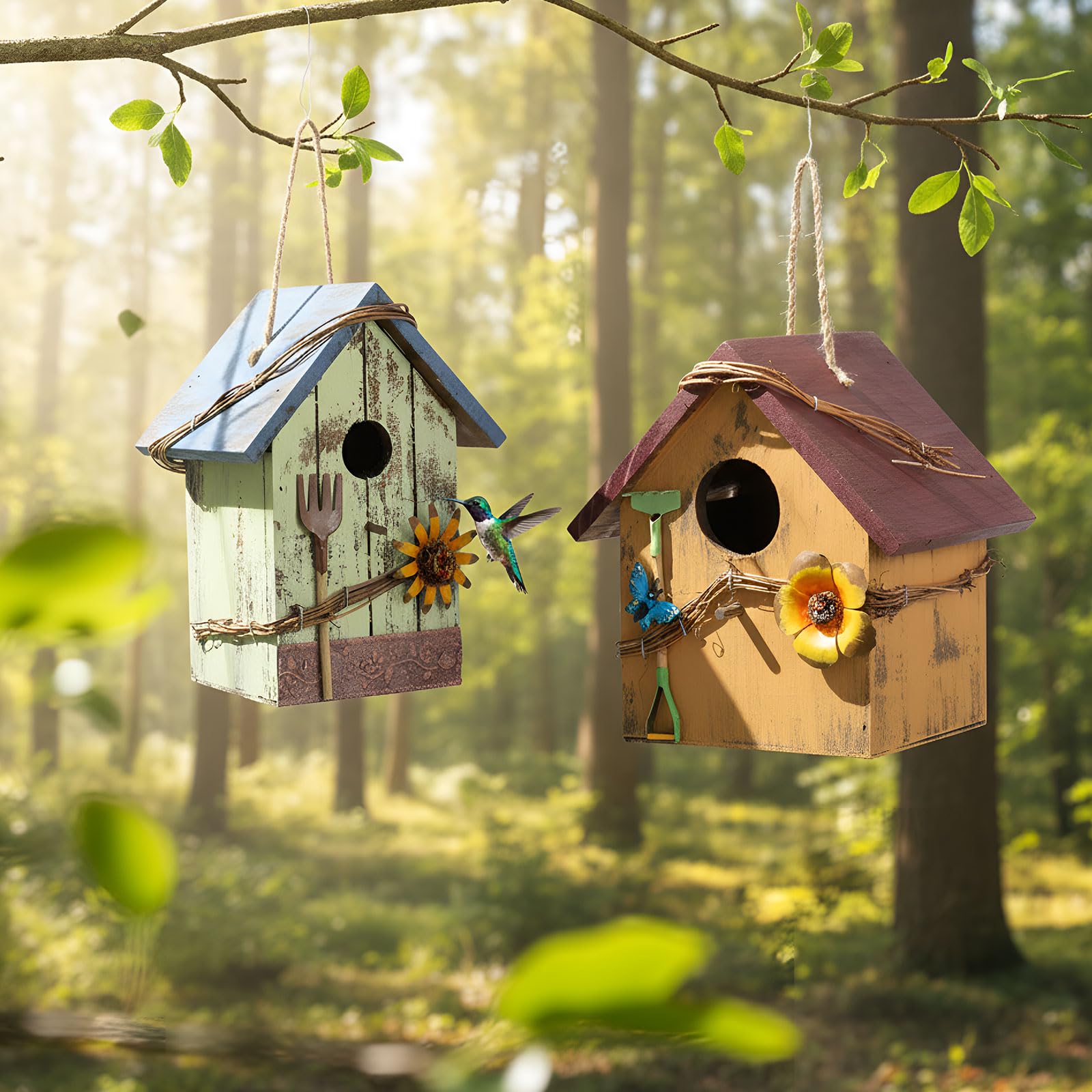 DoubleFill Dekoratives Vogelhaus für den Hof zum Aufhängen, Holz, handbemalt, Vogelhaus für Vogelliebhaber, Blauvogel, Baum, Schwalbe, Wildküken, Gartendekoration (Blau, Gelb, Holzdach), 2 Stück