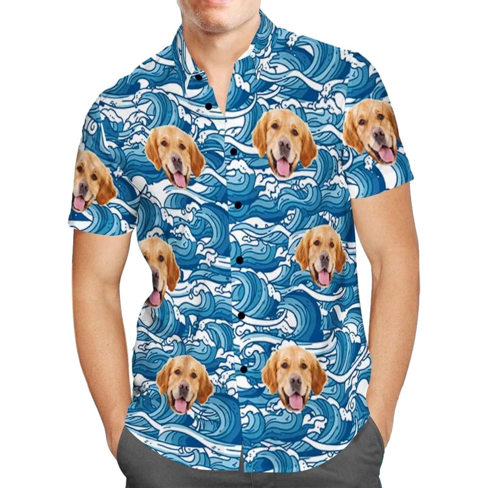 Smile lab Personalised Hawaiian Shirts with Face for Men Funny Customised Pet Dog Cat Photo Tropical Floral Hawaiian Shirts Short Sleeve