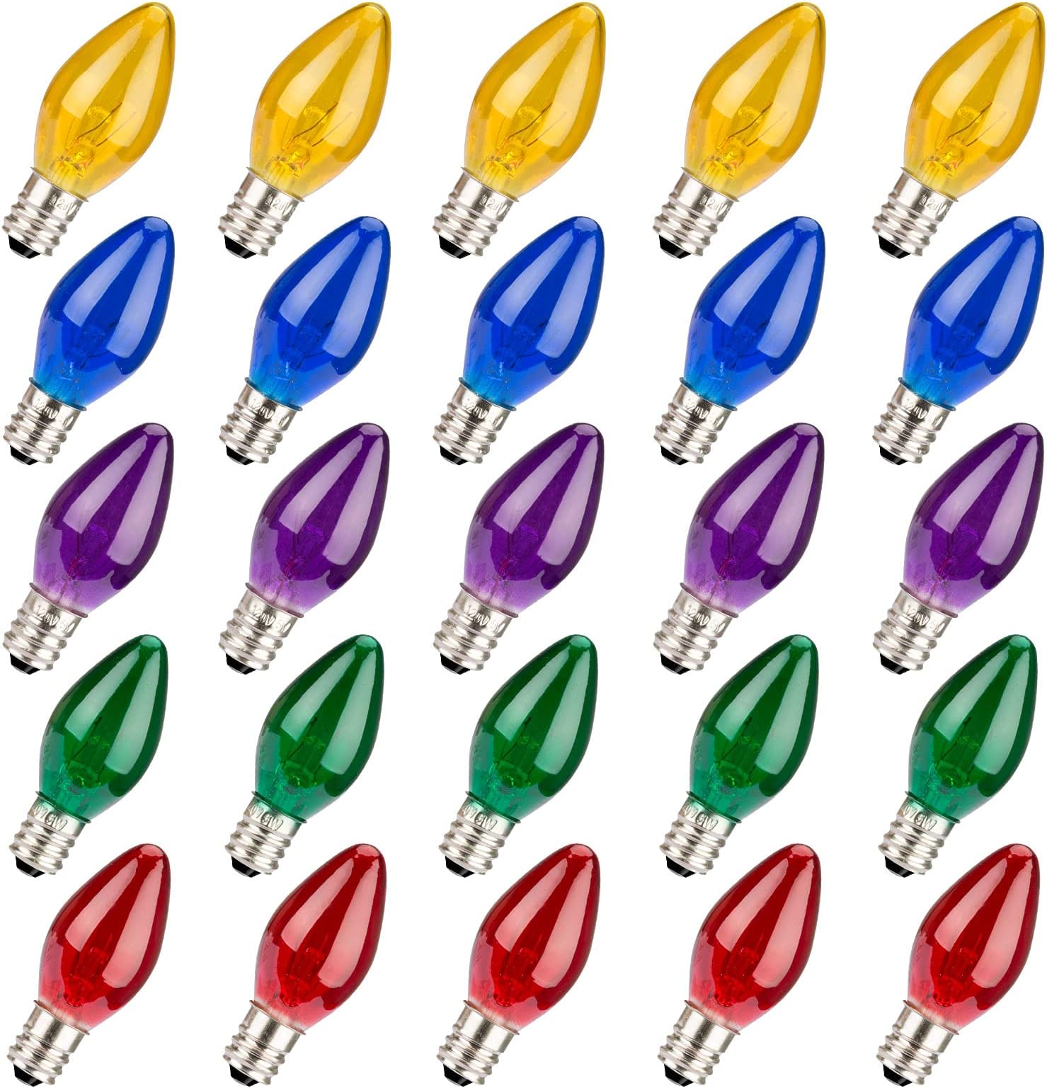 haraqi 25 Packs 5W 120 Volt E12 Socket C7 Multicolor Christmas Replacement Bulbs, C7 Outdoor Indoor String Light Replacement Bulbs