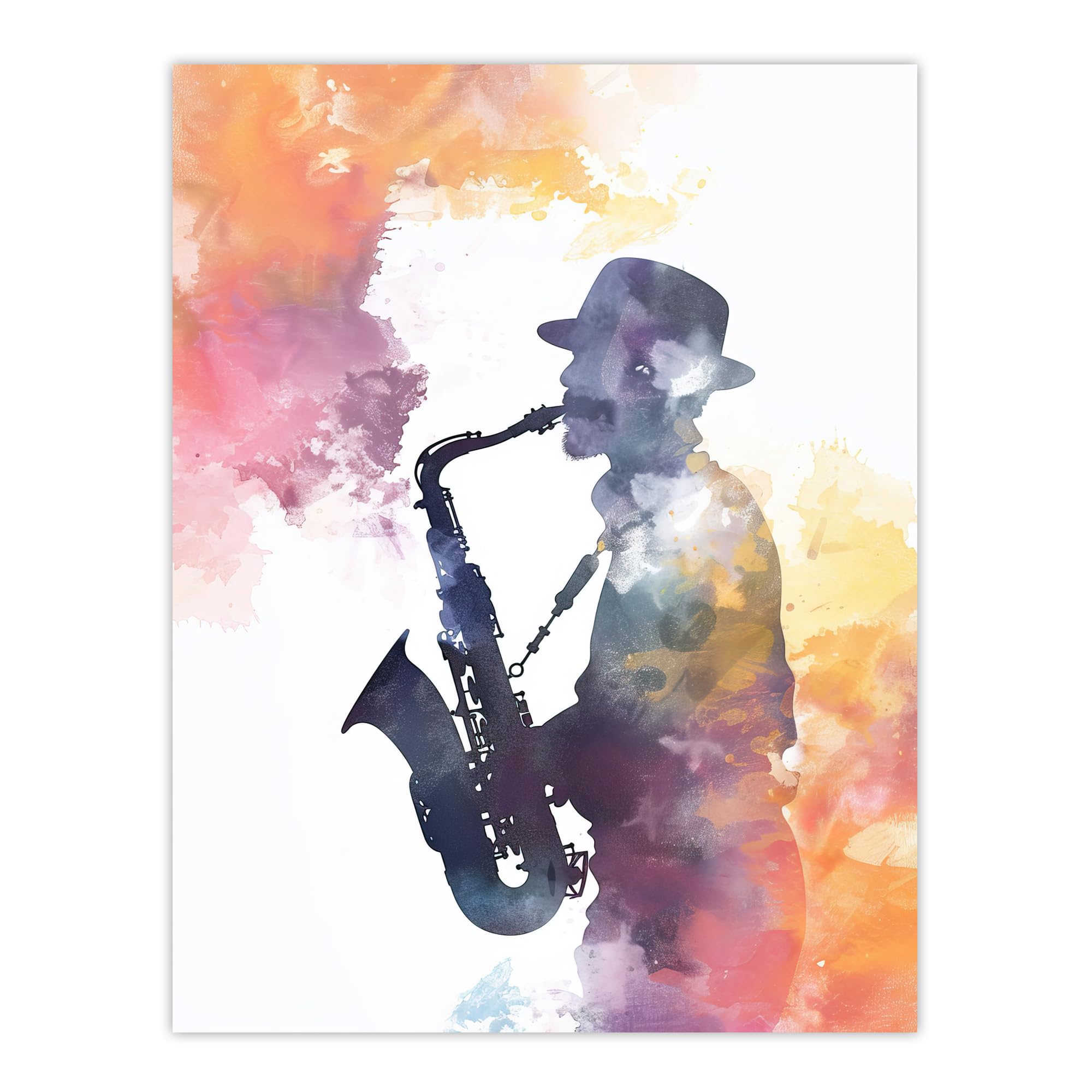 Artery8 Saxophone Jazz Musician Orange Purple Watercolour Living Room Large Wall Art Poster Print Thick Paper 18X24 Inch
