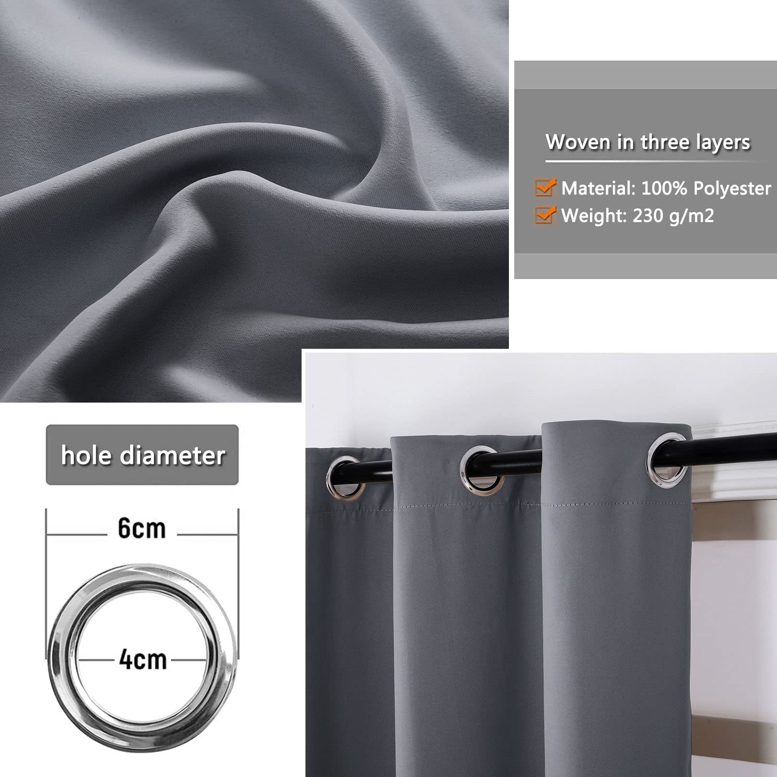 MENGH Thermo Gardinen Schlafzimmer Kinder Vorhang Blickdicht Geräuschreduzierung Einfach Anzubringen, für Wohnzimmer Schlafzimmer Küche grau 1 Stück, 100x120cm(HxB)