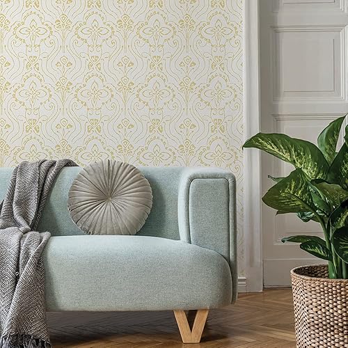 Miniatura 2 de Tempaper Yellow Pacific Wave Damask - Papel tapiz removible para despegar y pegar, 20.5 pulgadas x 16.5 pies, fabricado en los Estados Unidos,