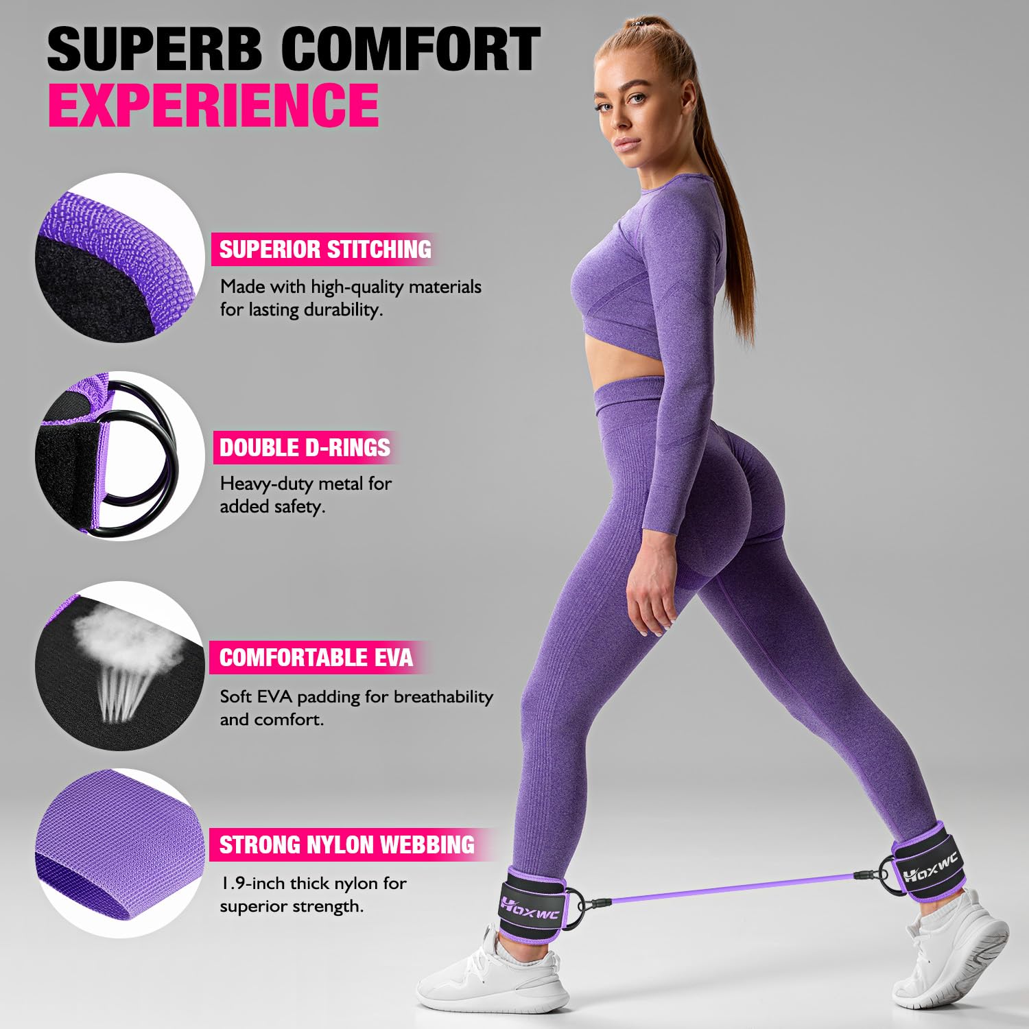 HOXWC Ankle Resistance Bands with Cuffs, Ankle Bands for Working Out, Ankle Resistance Band for Leg, Booty Workout Equipment for Kickbacks Hip Fitness Training, Exercise Bands for Butt Lift Women: purple