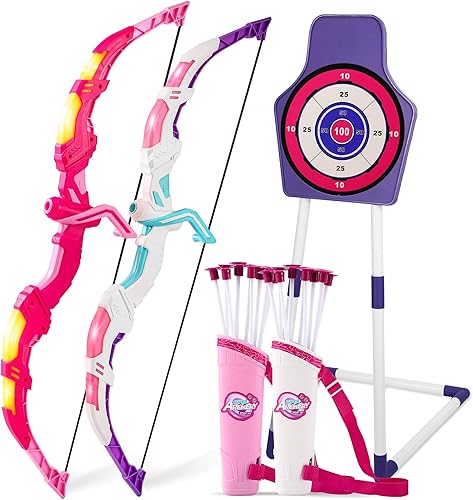 Miniatura 31 de Juego de juguetes de tiro con arco para niños, juego de arco y flecha con luz LED con 10 flechas de ventosa, objetivo de pie y carcaj