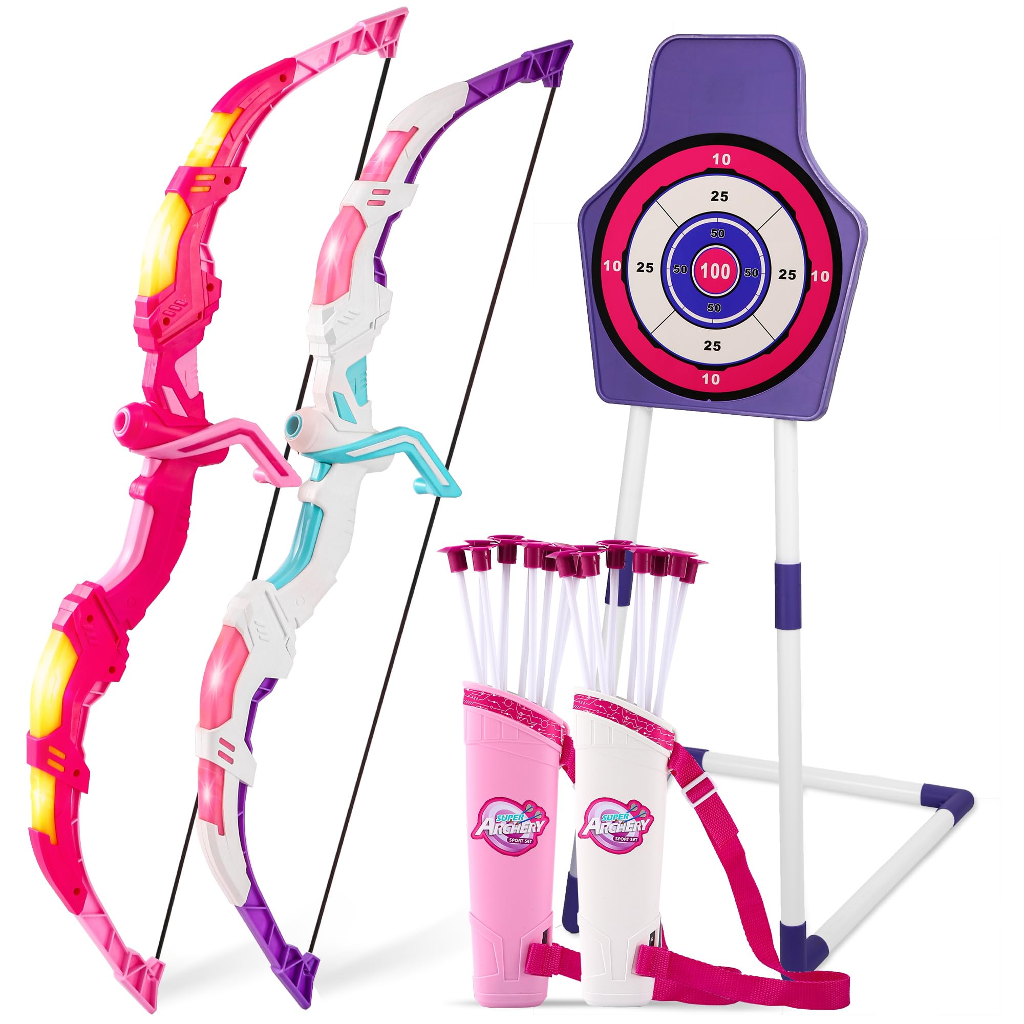 Bow and Arrow Set Girl Toys: 2 Pack LED Light Up Archery Set with 20 Suction Cup Arrows, Birthday Gift for Girls 5 6 7 8 9 10 11 12 Year Old, Outdoor Activities Toys Essentials for Kids Age 4-8 8-12