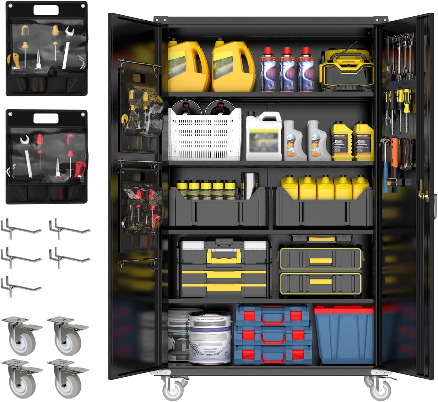 Upgraded Wide & Deep Garage Storage Cabinet with Wheels & Pegboards, 72" H Locking Metal Storage Cabinet with Doors and 4 Adjustable Shelves, Rolling Tool Cabinet for Garage Home Basement