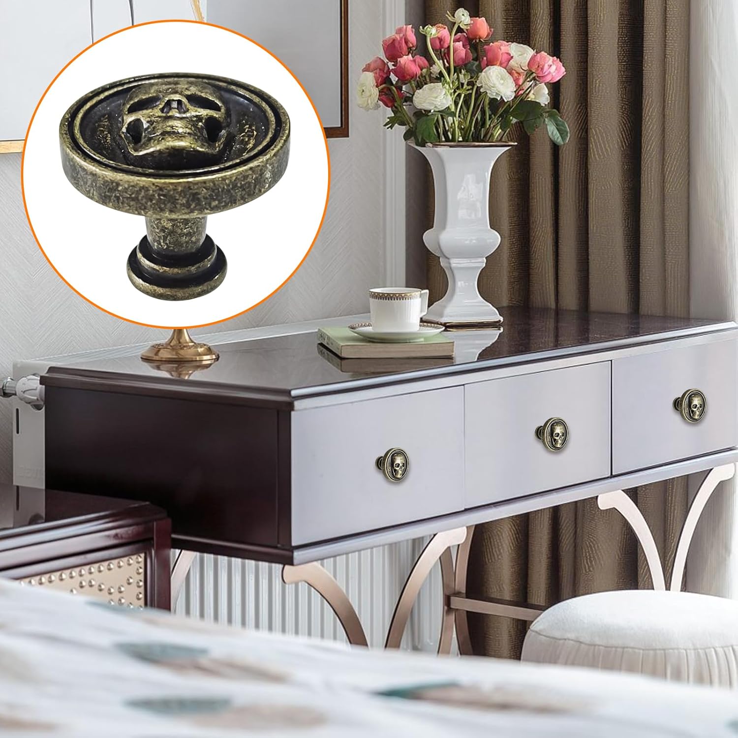 Vintage Skull Knob, 6 pcs Single Hole Cabinets Pulls for Drawer, Wardrobes, Bookcases, Dresser, Closets (Bronze)