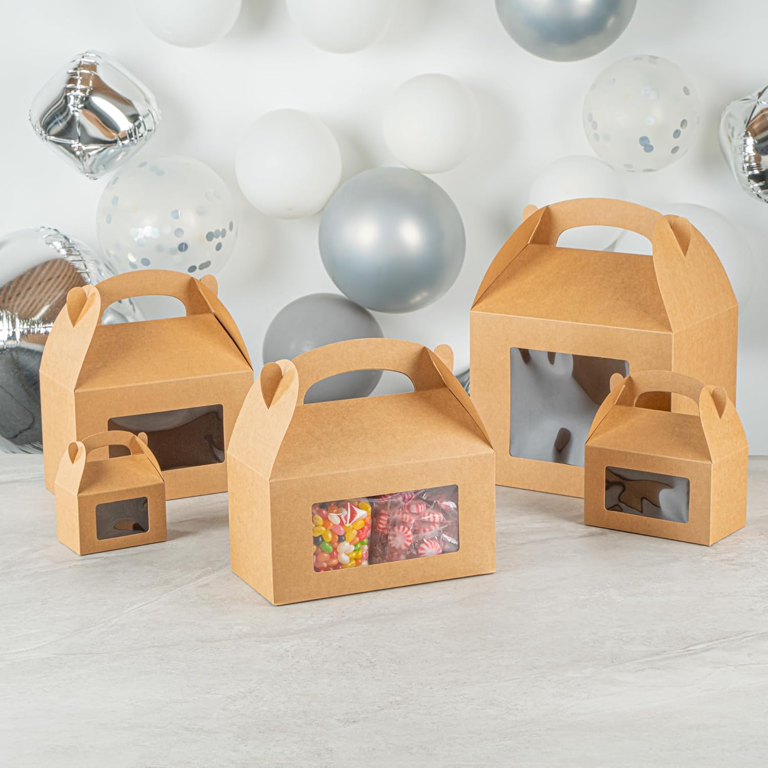 Restaurantware Bio Tek 9.5 x 5 x 5 Inch Gable Boxes For Party Favors, 25 Attractive Gift Boxes - Clear PET Window, Built-In Handle, Kraft Paper Gable Boxes, Greaseproof, For Parties