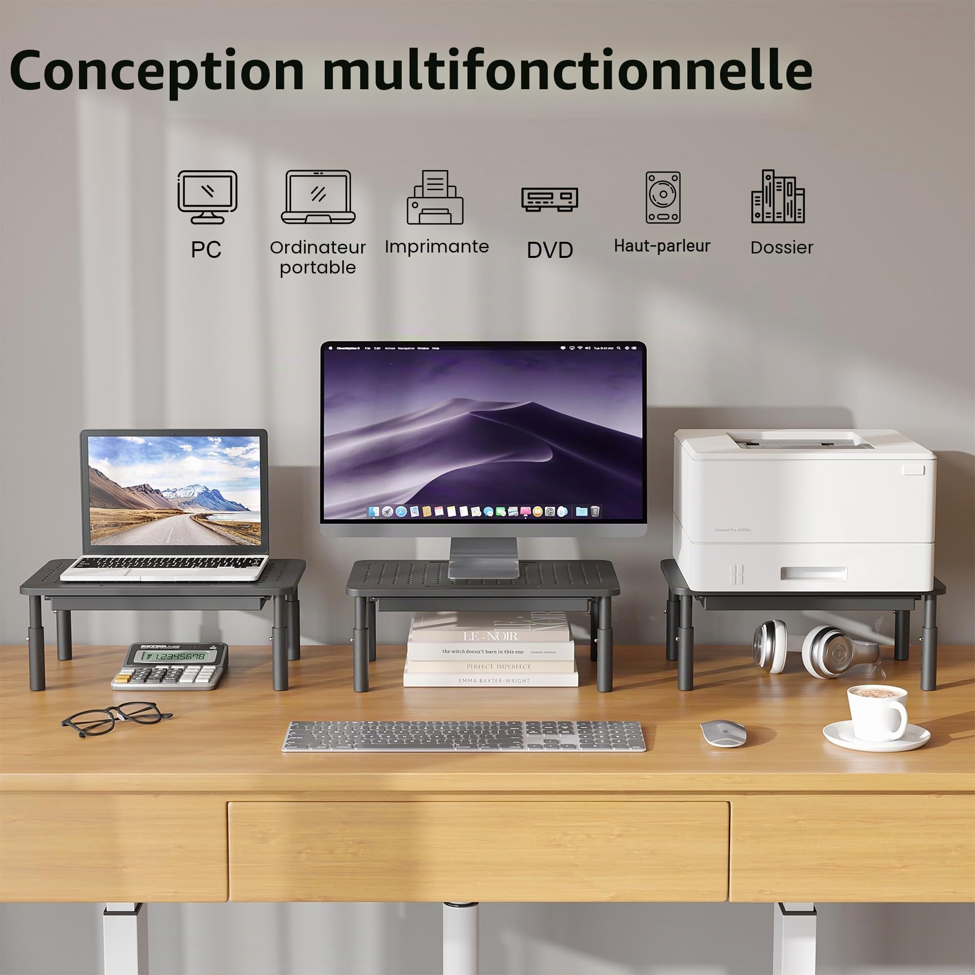 BONTEC Support Moniteur avec Tiroir, 3 Hauteurs Réglables pour Moniteur PC, Rehausseur Ecran pour Bureau avec Plate-Forme en Maille pour, Ordinateur Portable, PC, Imprimante jusqu'à 20 kg