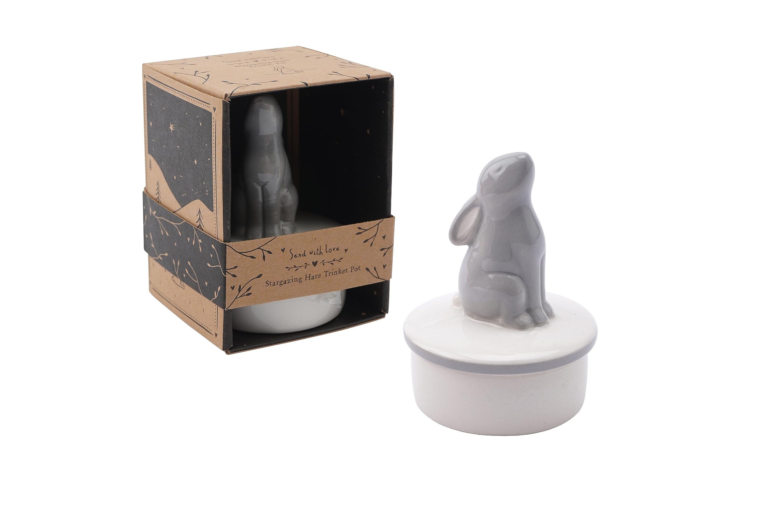 Cgb Giftware White, Grey Ceramic Stargazing Hare Trinket Pot | Jewellery Ring Earrings Storage Holder Organiser | White Grey | Gift For Her Home Gb06478