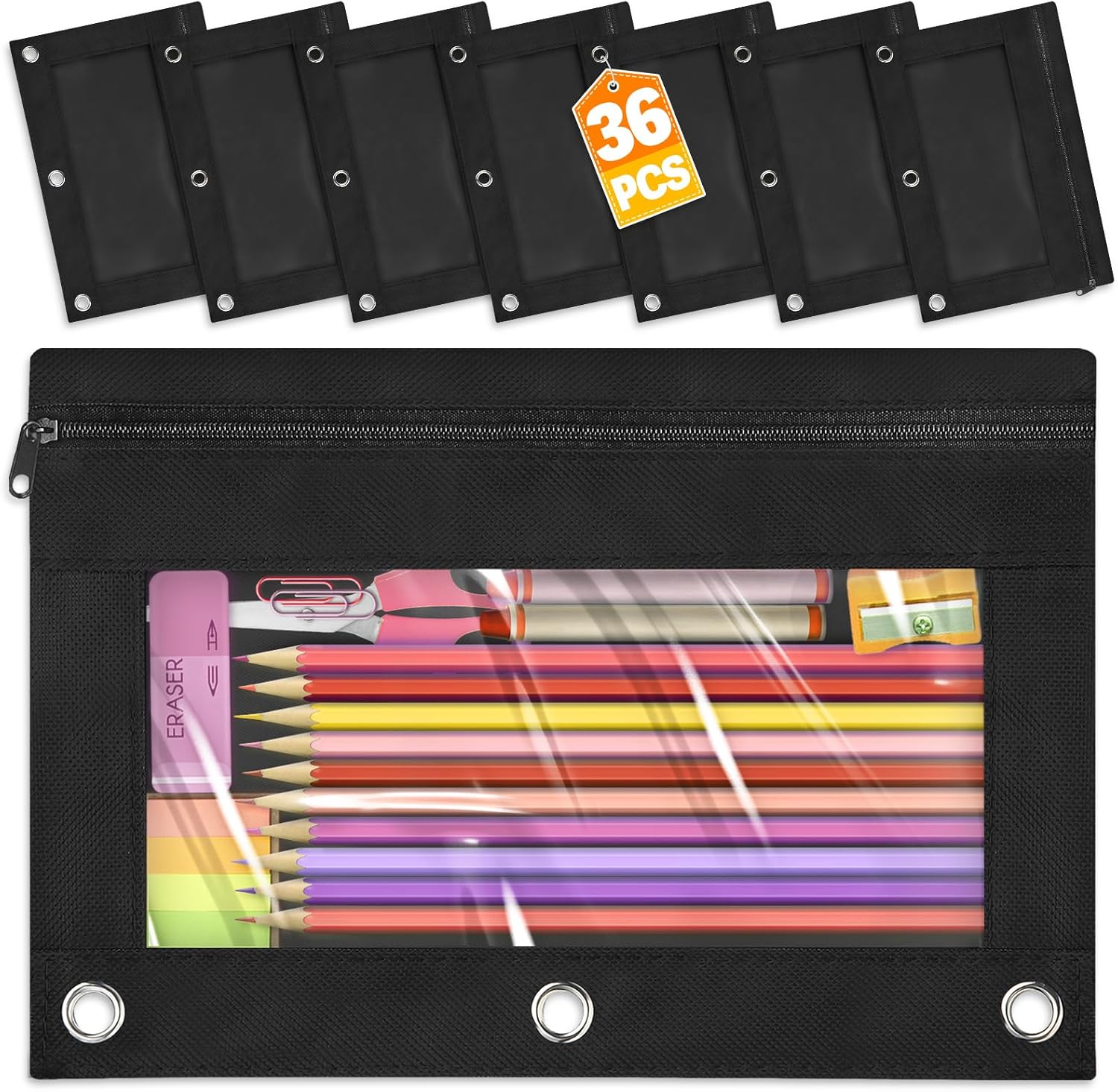 Pencil Pouch for 3 Ring Binder with Clear Window (36 Packs) in Black